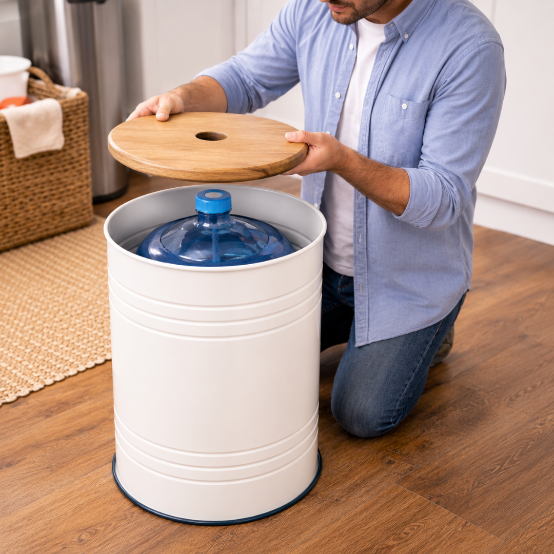 White Barrel Water Jug Side Table with Wireless Water Pump Dispenser - Fits All Bottles