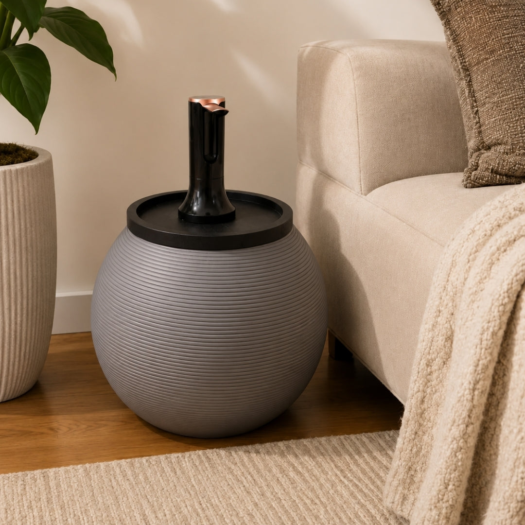 Gray Modern Sphere Water Jug Table with Black Wood Top & Wireless Water Pump, Hidden Bottle Cover, Fits Most Standard Water Bottles