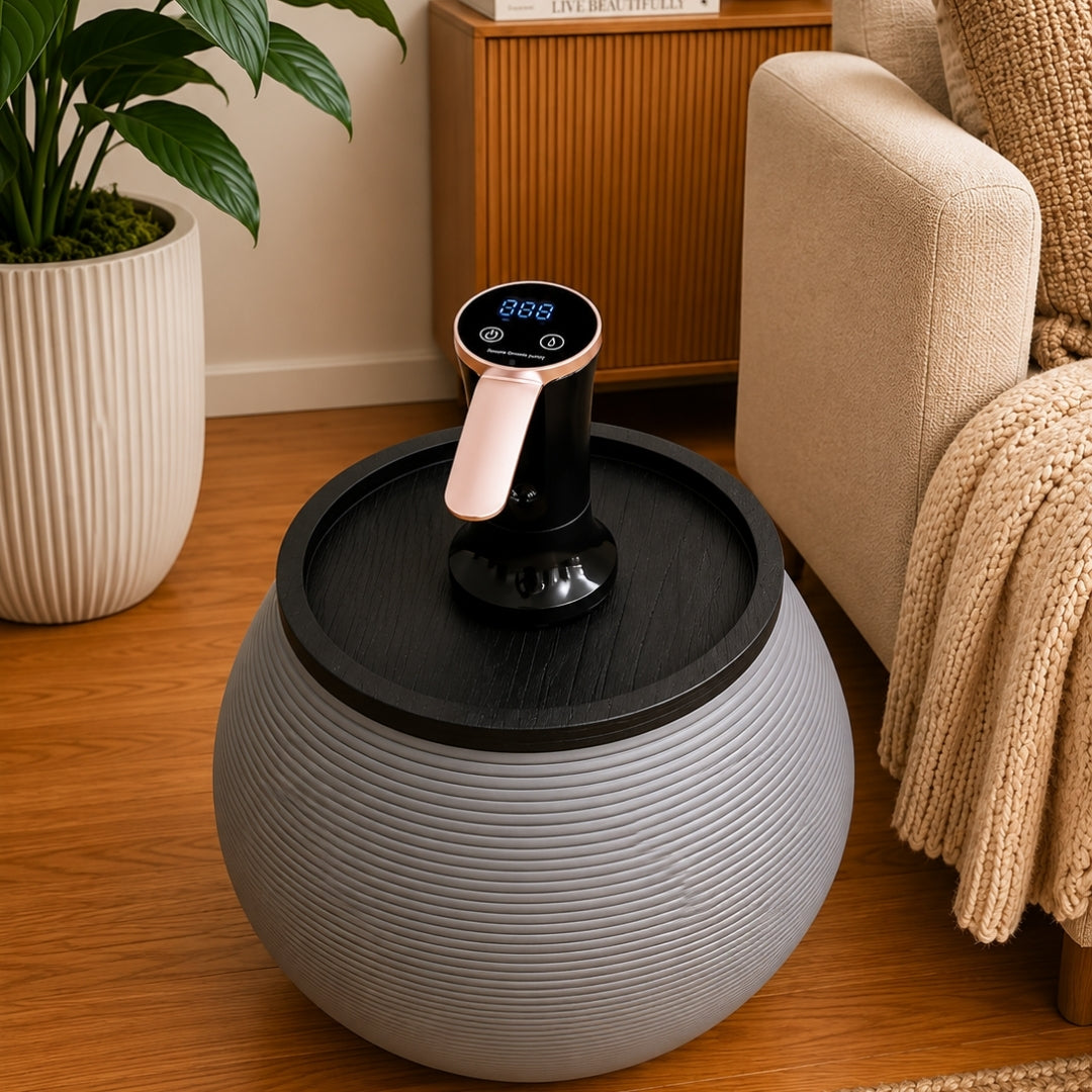 Gray Modern Sphere Water Jug Table with Black Wood Top & Wireless Water Pump, Hidden Bottle Cover, Fits Most Standard Water Bottles