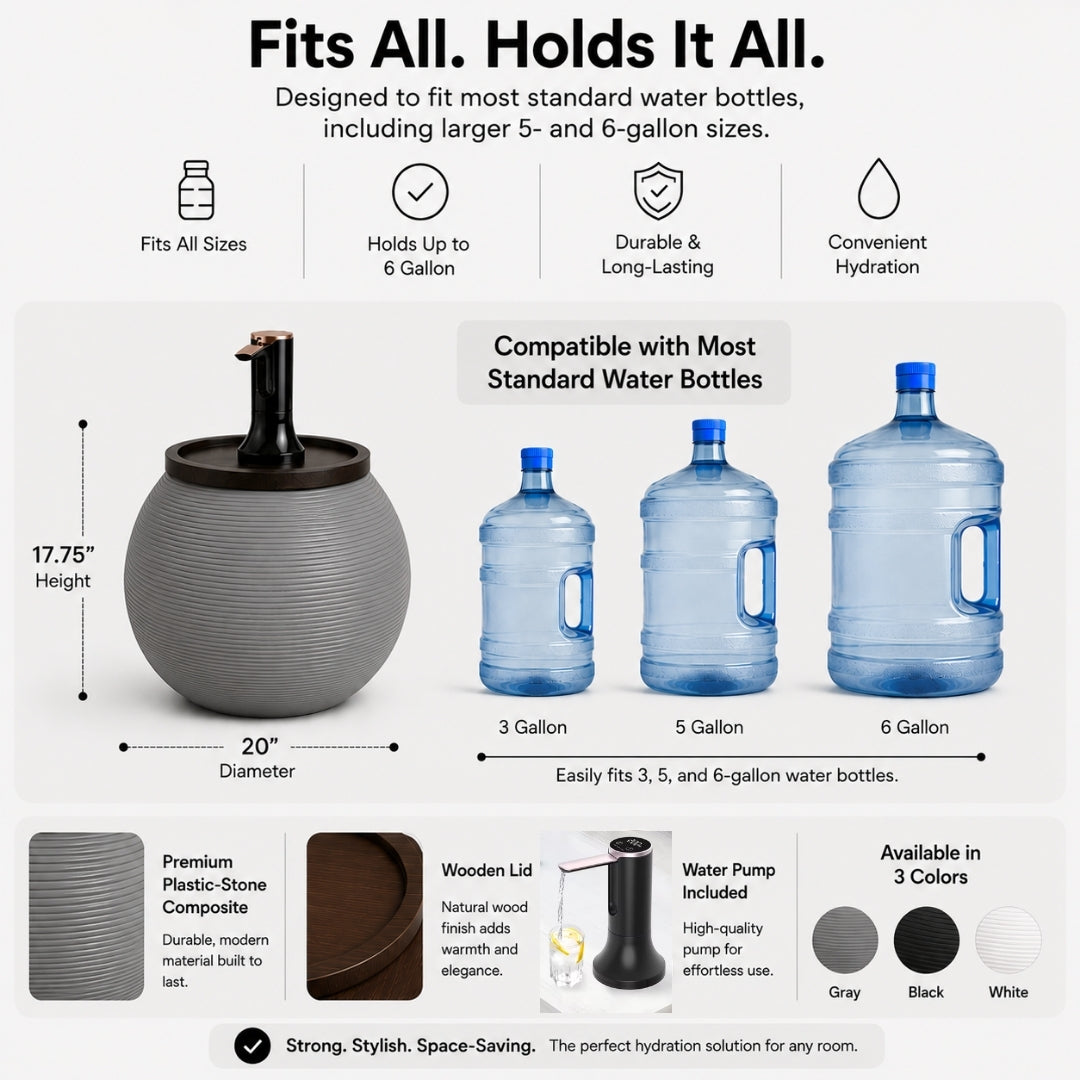 Gray Modern Sphere Water Jug Table with Black Wood Top & Wireless Water Pump, Hidden Bottle Cover, Fits Most Standard Water Bottles