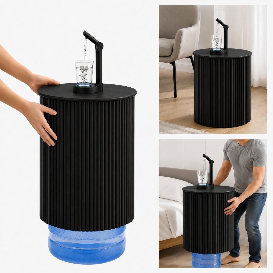 Black Water Jug Side Table, Round Side Table Night Stand w/ Water Storage, Water bottle Cover - Fits All Bottles