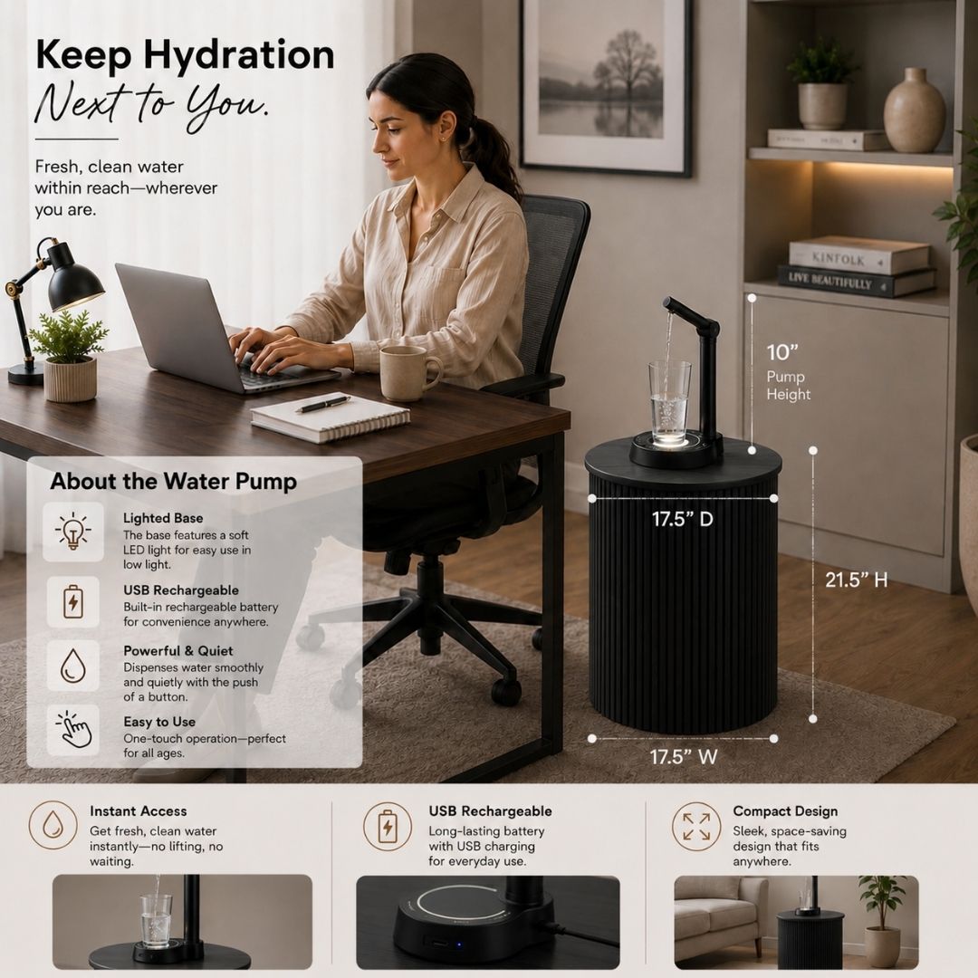 Black Water Jug Side Table, Round Side Table Night Stand w/ Water Storage, Water bottle Cover - Fits All Bottles