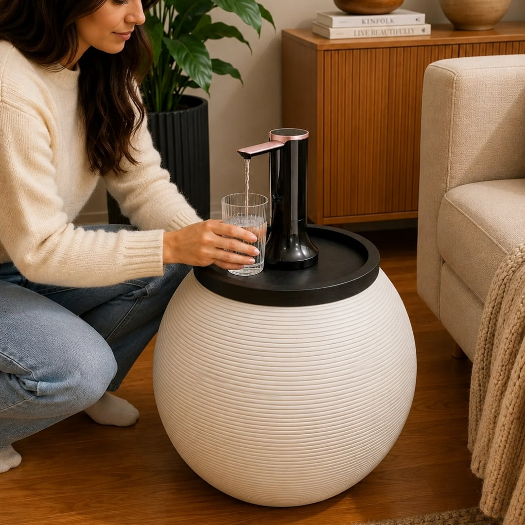 White Modern Sphere Water Jug Table with Black Wood Top & Wireless Water Pump, Hidden Bottle Cover, Fits Most Standard Water Bottles