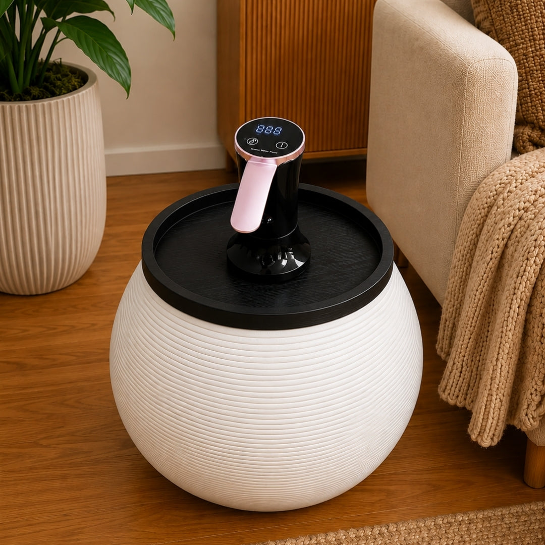 White Modern Sphere Water Jug Table with Black Wood Top & Wireless Water Pump, Hidden Bottle Cover, Fits Most Standard Water Bottles