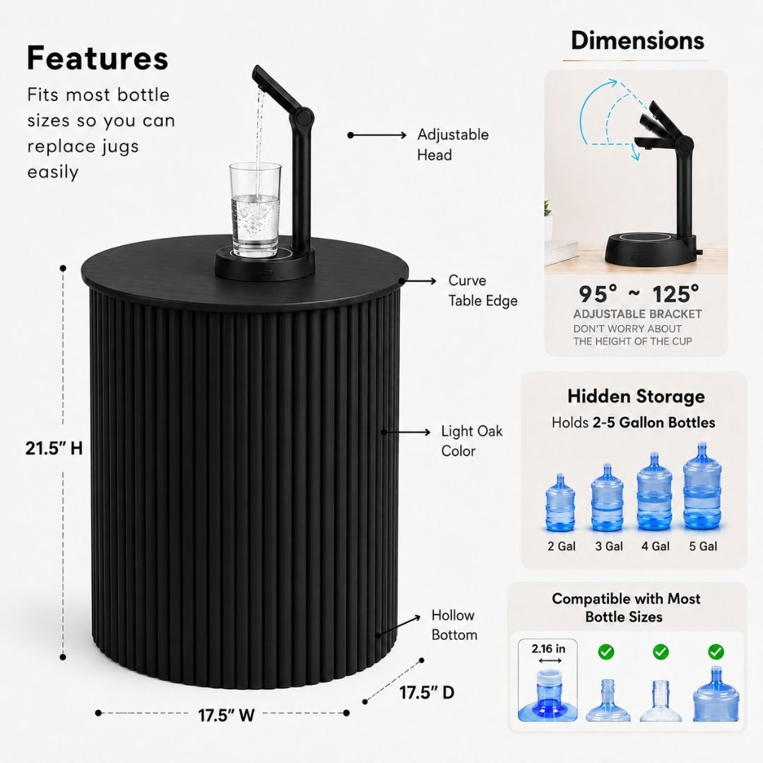 Black Water Jug Side Table, Round Side Table Night Stand w/ Water Storage, Water bottle Cover - Fits All Bottles