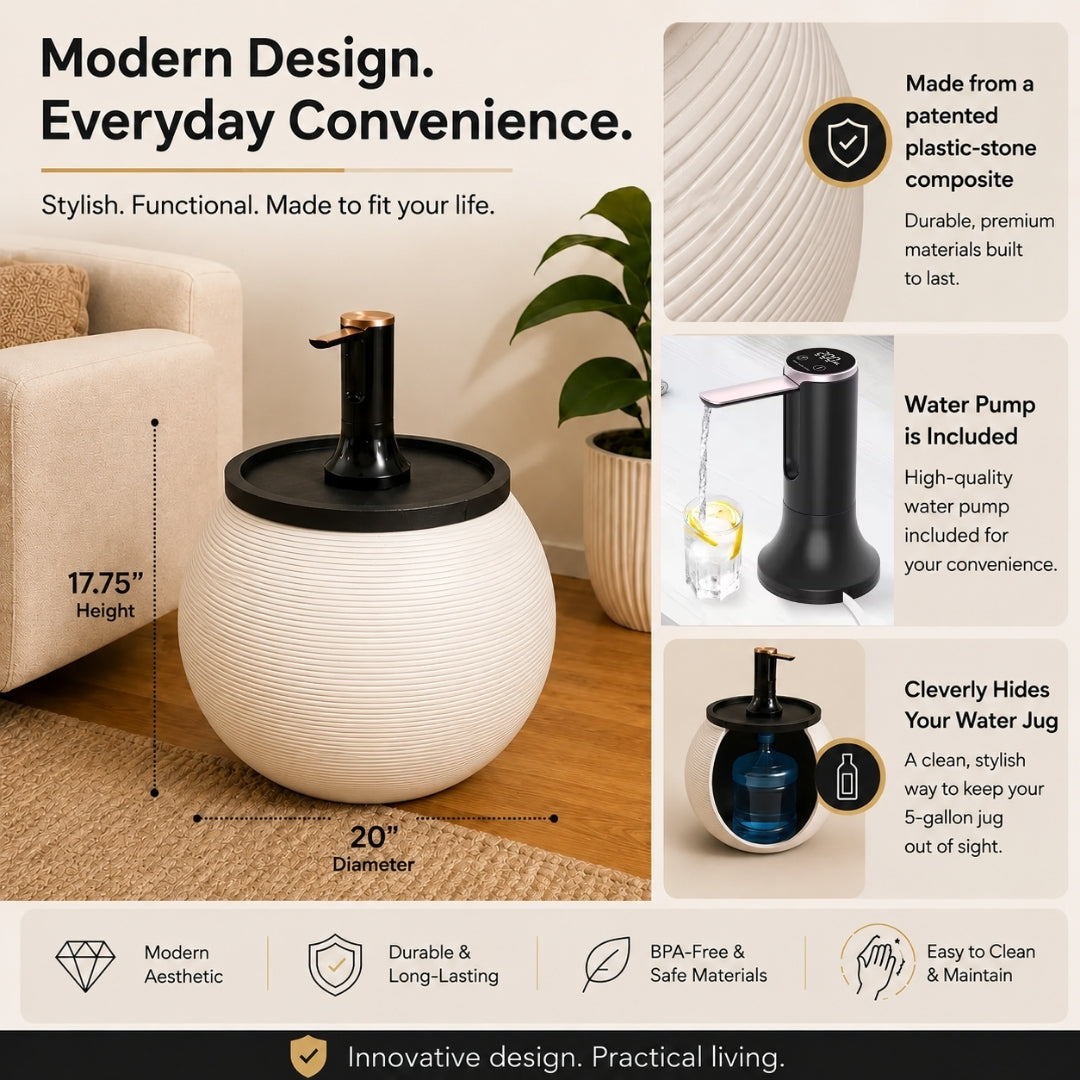 White Modern Sphere Water Jug Table with Black Wood Top & Wireless Water Pump, Hidden Bottle Cover, Fits Most Standard Water Bottles