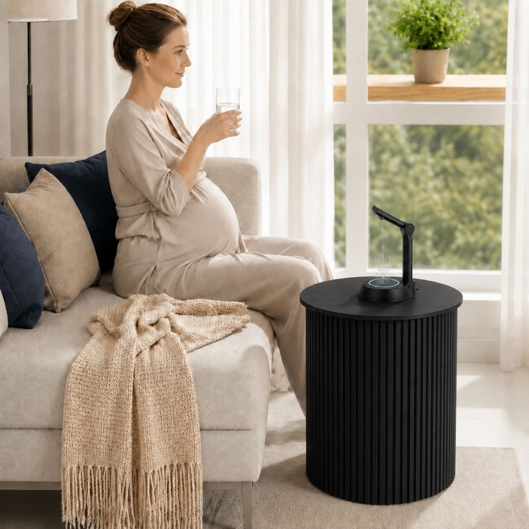 Black Water Jug Side Table, Round Side Table Night Stand w/ Water Storage, Water bottle Cover - Fits All Bottles