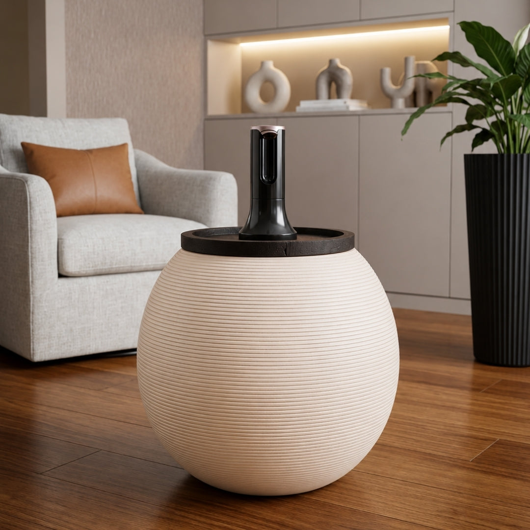 White Modern Sphere Water Jug Table with Black Wood Top & Wireless Water Pump, Hidden Bottle Cover, Fits Most Standard Water Bottles