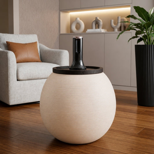 White Modern Sphere Water Jug Table with Black Wood Top & Wireless Water Pump, Hidden Bottle Cover, Fits Most Standard Water Bottles
