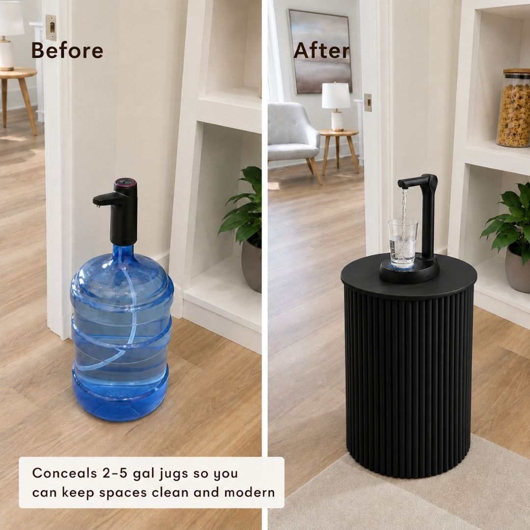 Black Water Jug Side Table, Round Side Table Night Stand w/ Water Storage, Water bottle Cover - Fits All Bottles