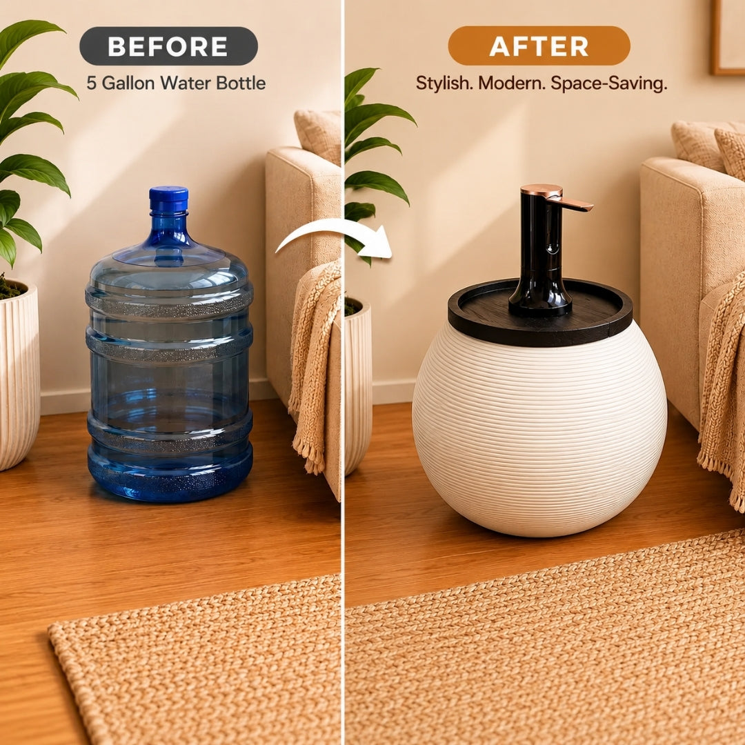 White Modern Sphere Water Jug Table with Black Wood Top & Wireless Water Pump, Hidden Bottle Cover, Fits Most Standard Water Bottles