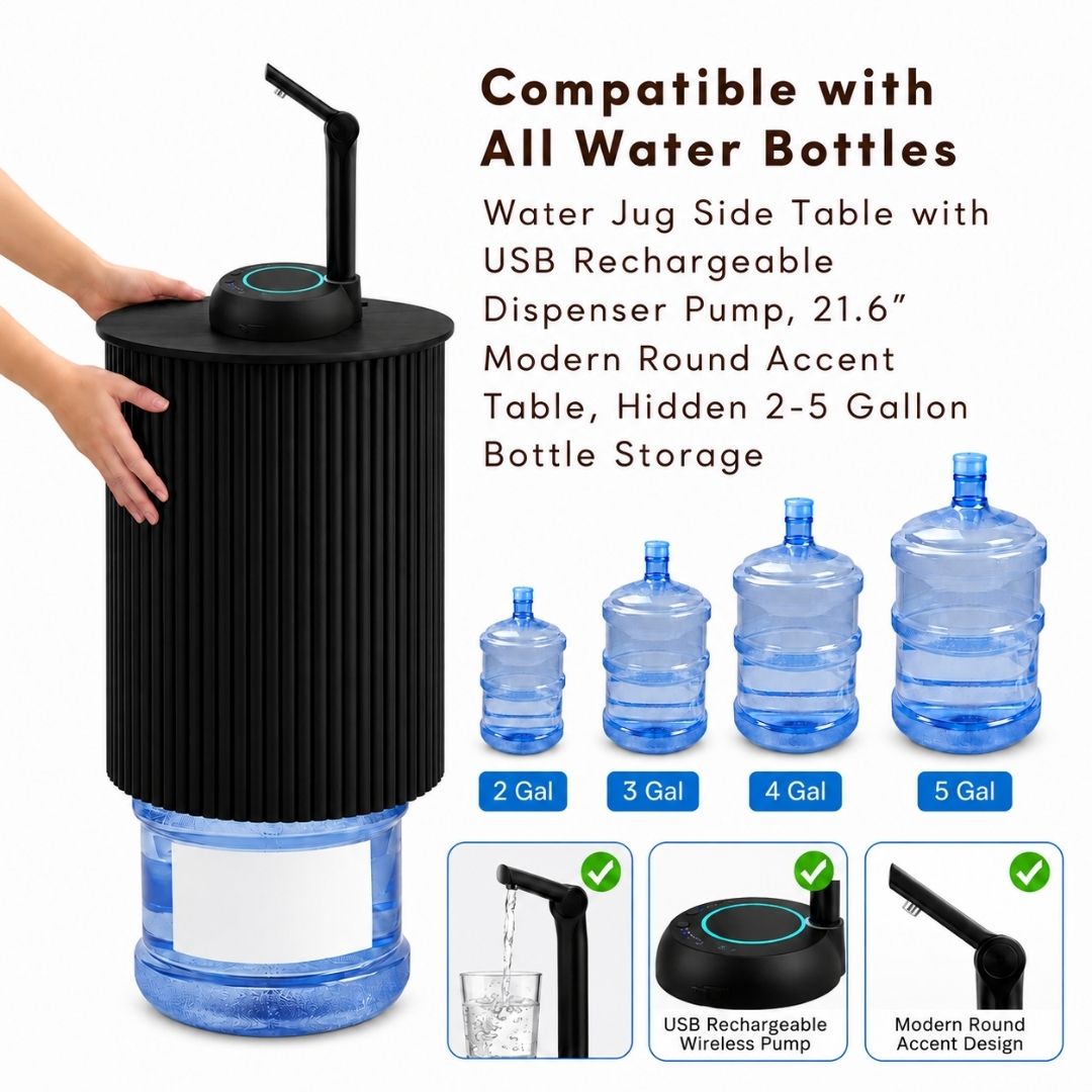 Black Water Jug Side Table, Round Side Table Night Stand w/ Water Storage, Water bottle Cover - Fits All Bottles