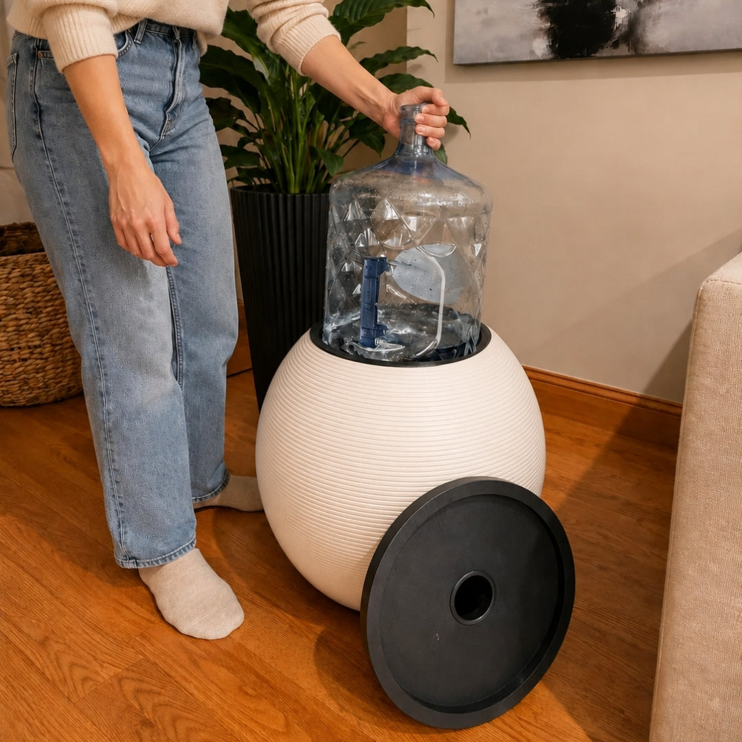 White Modern Sphere Water Jug Table with Black Wood Top & Wireless Water Pump, Hidden Bottle Cover, Fits Most Standard Water Bottles