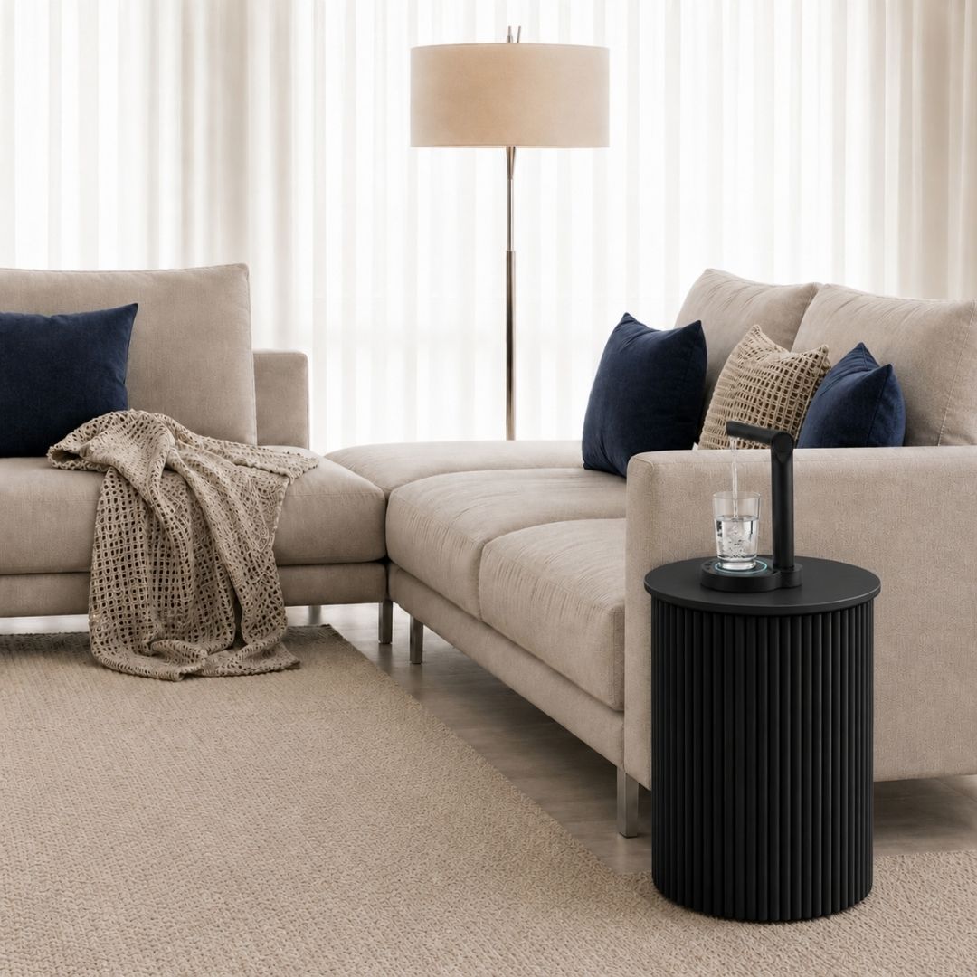 Black Water Jug Side Table, Round Side Table Night Stand w/ Water Storage, Water bottle Cover - Fits All Bottles
