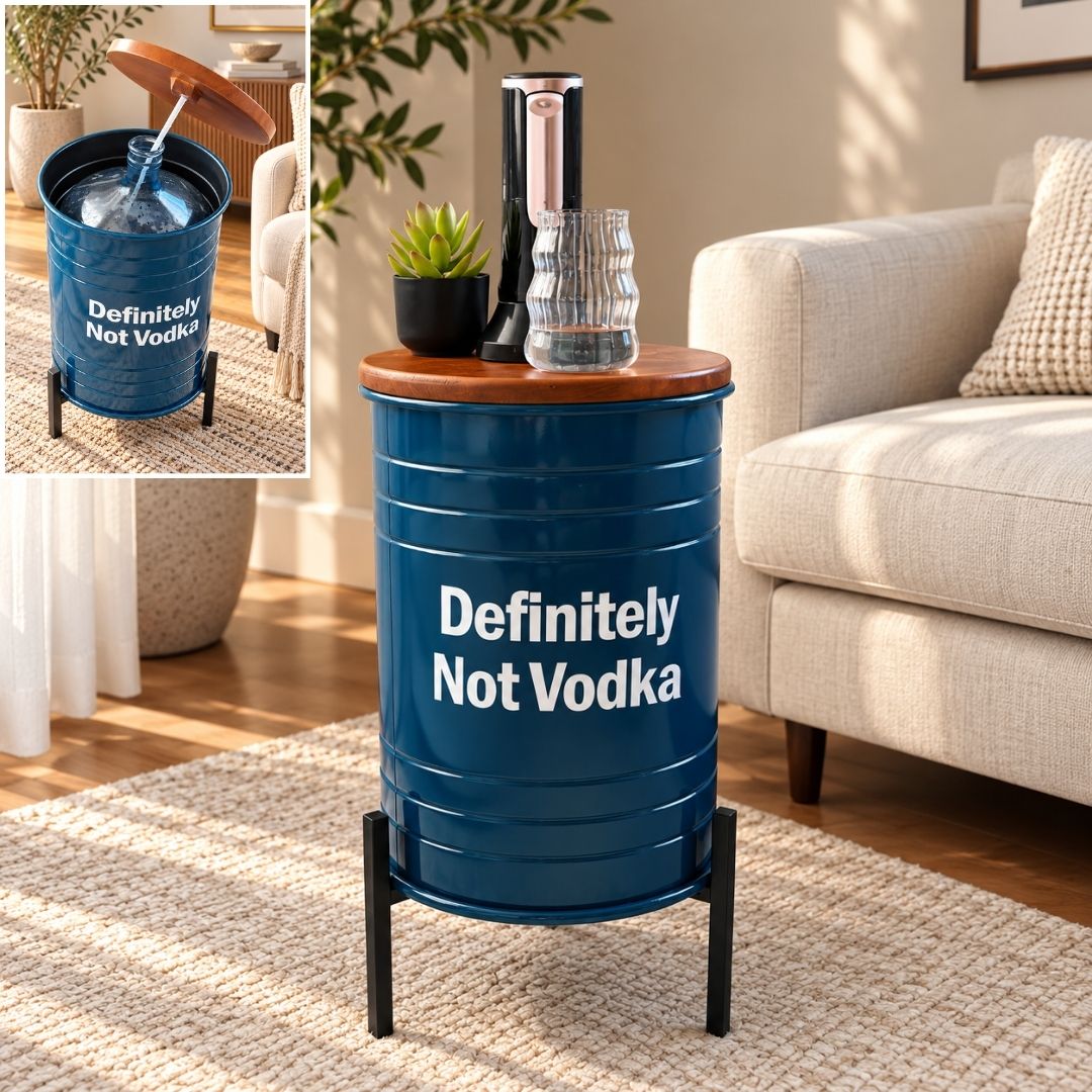 Definitely Not Vodka Printed 5-Gallon Hidden Water Jug Side Table with Wireless Dispenser Pump & Metal Stand - Blue