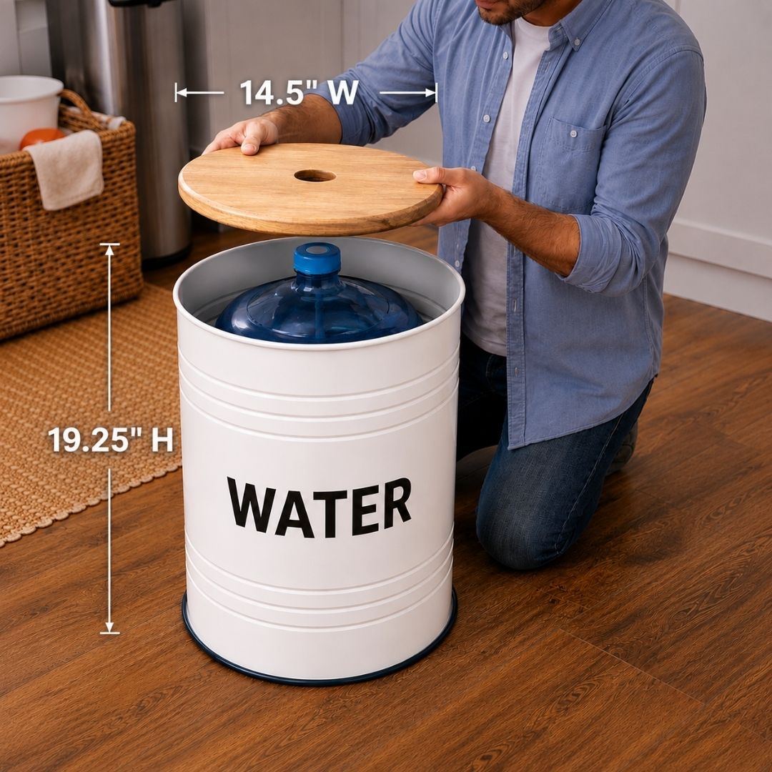 Water Labeled White Barrel Water Jug Side Table with Wireless Water Pump Dispenser - Fits All Bottles