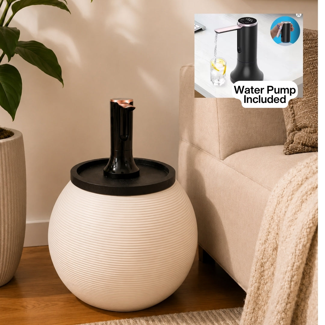 White Modern Sphere Water Jug Table with Black Wood Top & Wireless Water Pump, Hidden Bottle Cover, Fits Most Standard Water Bottles