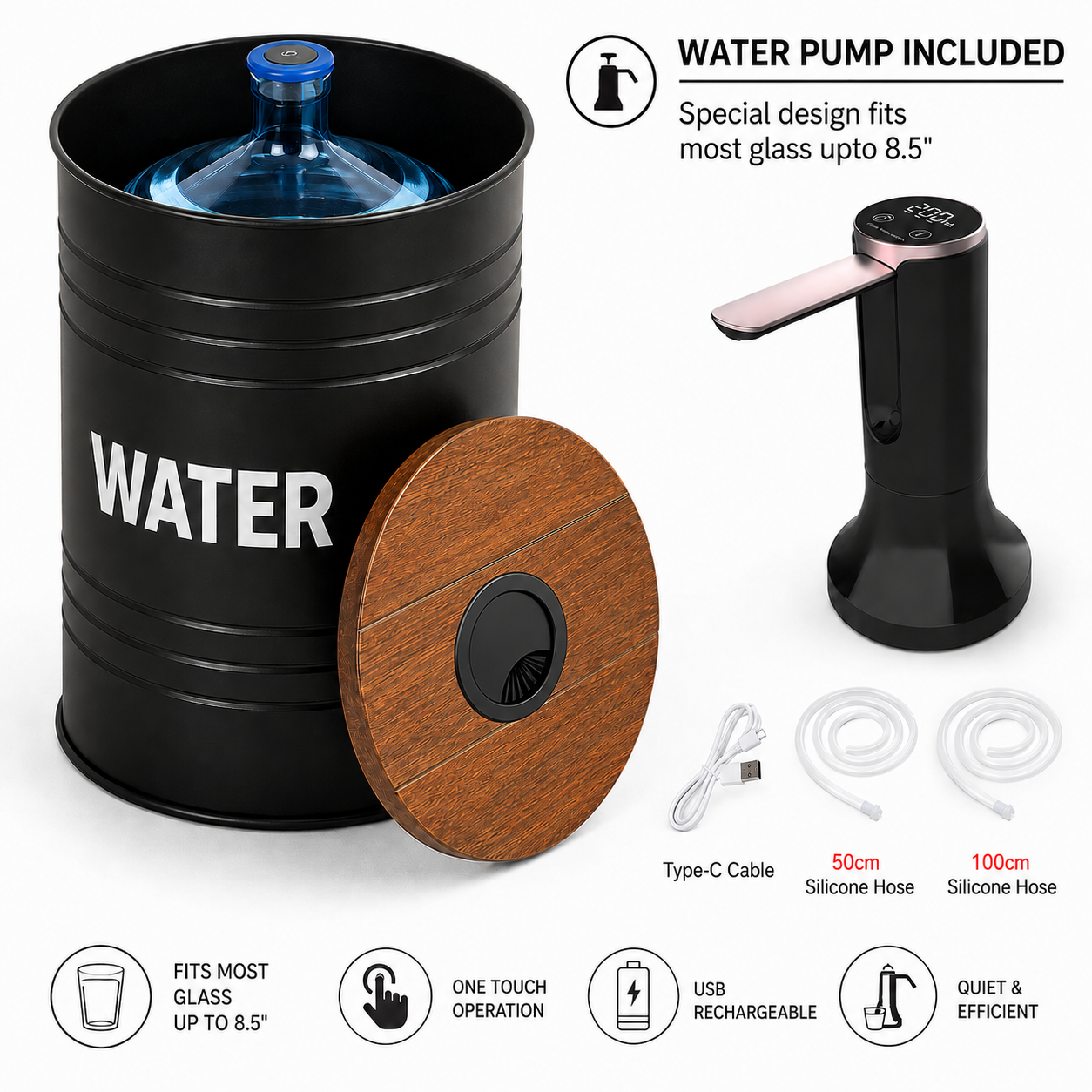 Black Metal Barrel Water Jug Side Table with Wireless Water Pump Dispenser - Fits All Bottles (Copy)