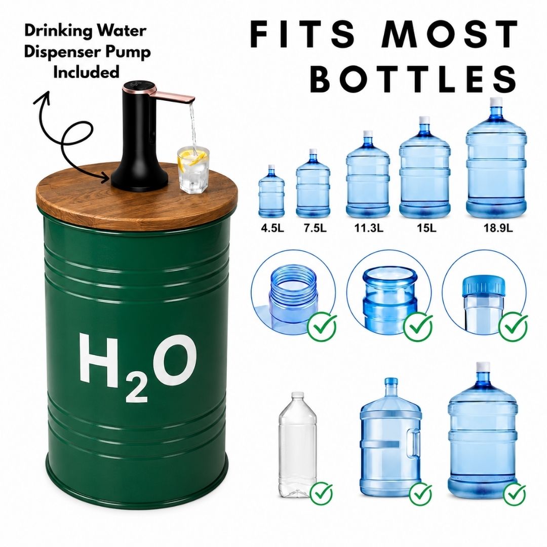 H2O Green Barrel Water Jug Side Table with Wireless Water Pump Dispenser