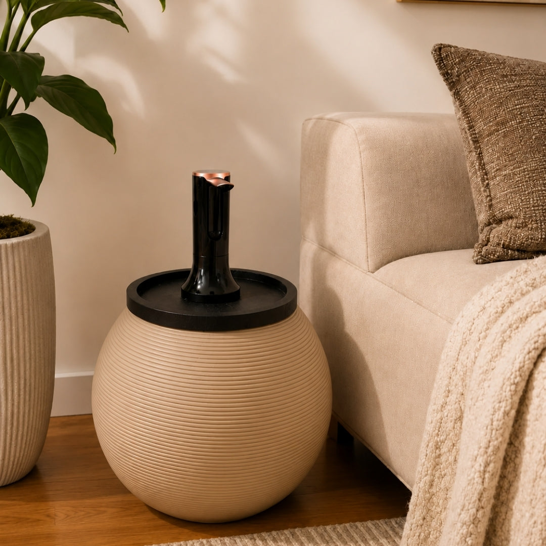 Sand Modern Sphere Water Jug Table with Black Wood Top &  Wireless Water Pump, Hidden Bottle Cover Fits All Bottles