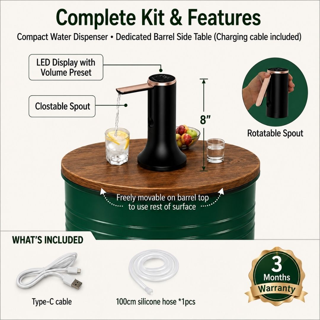H2O Green Barrel Water Jug Side Table with Wireless Water Pump Dispenser