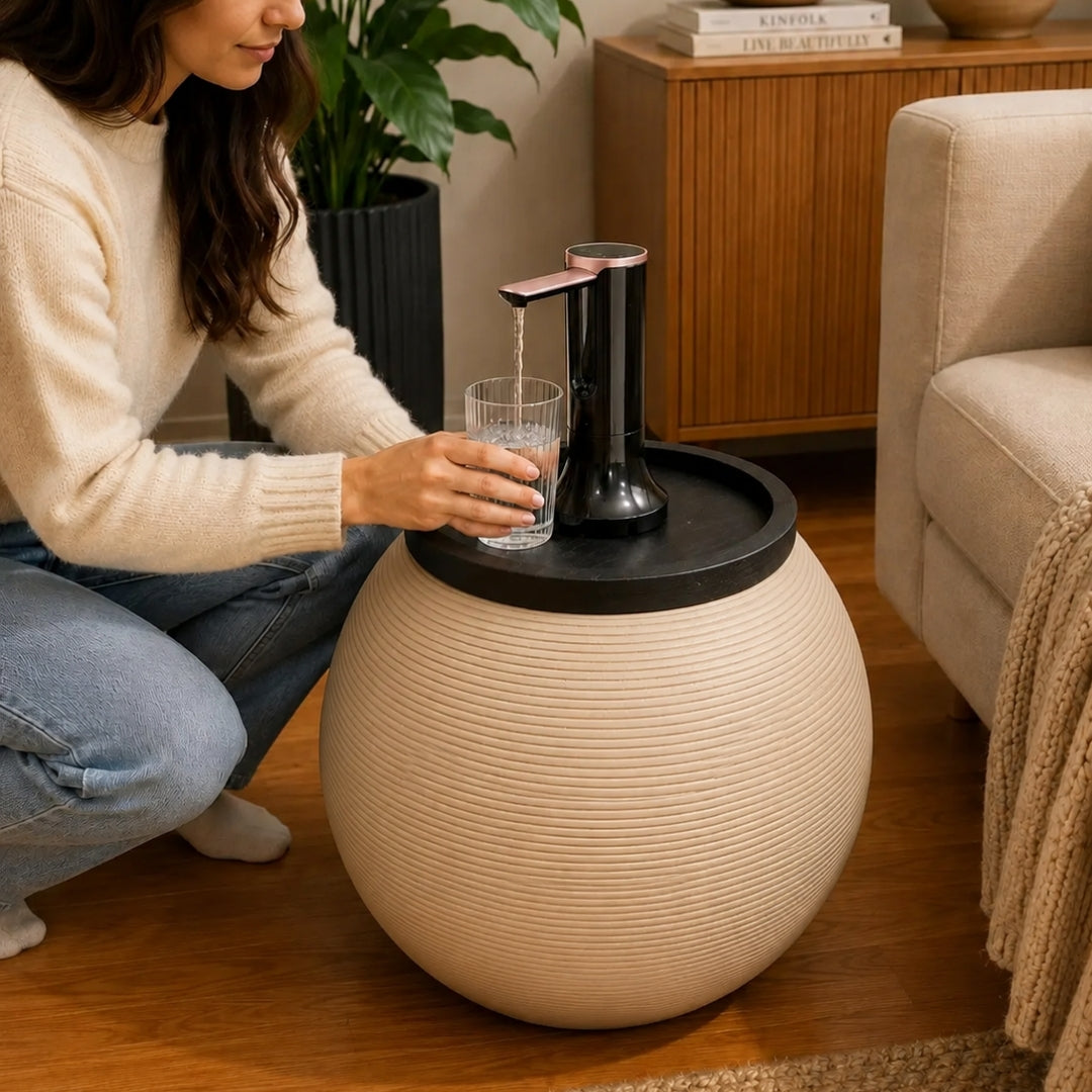 Sand Modern Sphere Water Jug Table with Black Wood Top &  Wireless Water Pump, Hidden Bottle Cover Fits All Bottles