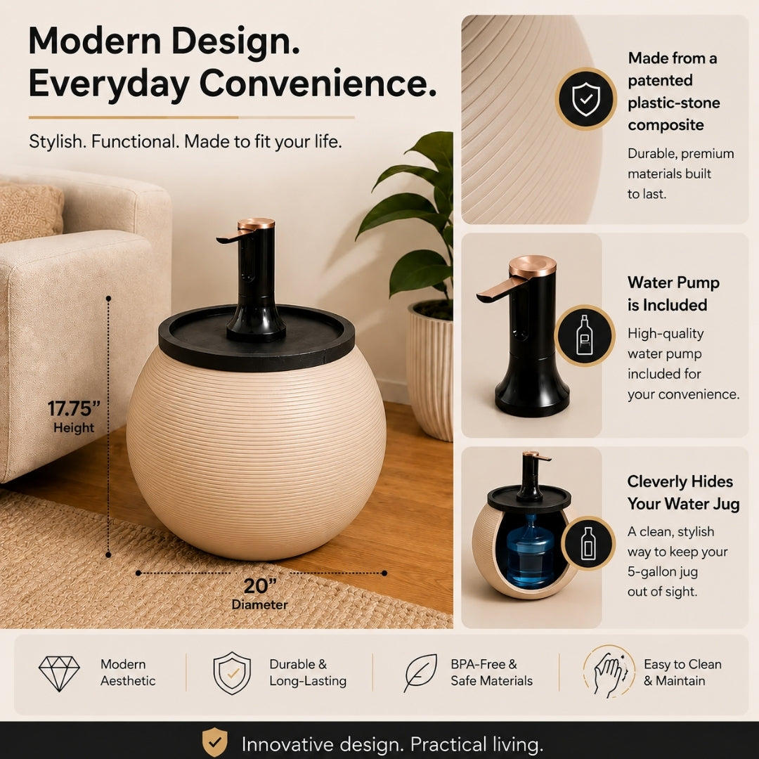 Sand Modern Sphere Water Jug Table with Black Wood Top &  Wireless Water Pump, Hidden Bottle Cover Fits All Bottles
