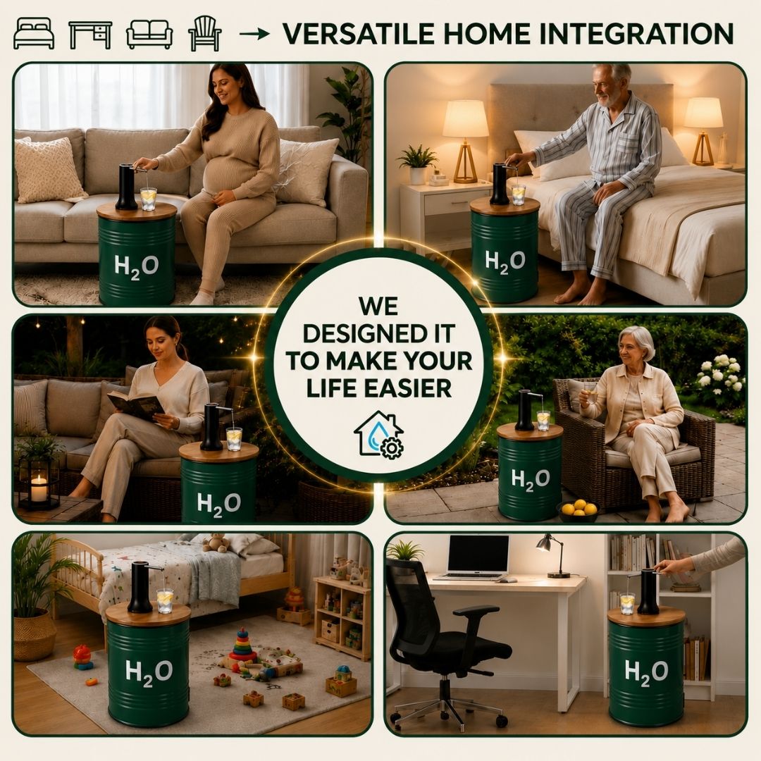 H2O Green Barrel Water Jug Side Table with Wireless Water Pump Dispenser