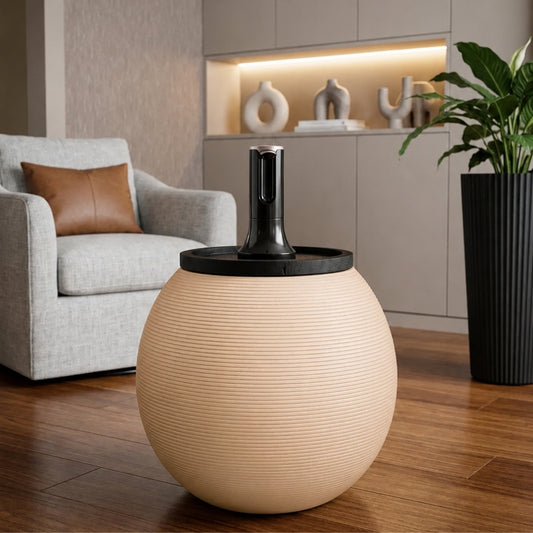 Sand Modern Sphere Water Jug Table with Black Wood Top &  Wireless Water Pump, Hidden Bottle Cover Fits All Bottles