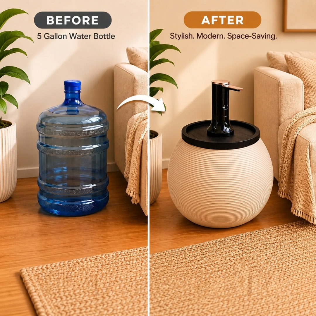 Sand Modern Sphere Water Jug Table with Black Wood Top &  Wireless Water Pump, Hidden Bottle Cover Fits All Bottles