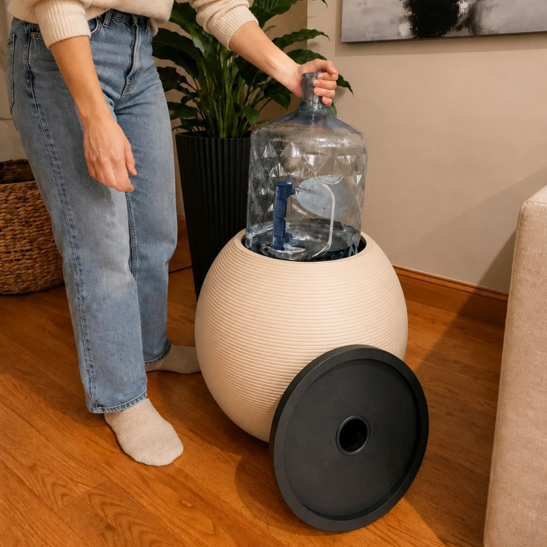 Sand Modern Sphere Water Jug Table with Black Wood Top &  Wireless Water Pump, Hidden Bottle Cover Fits All Bottles