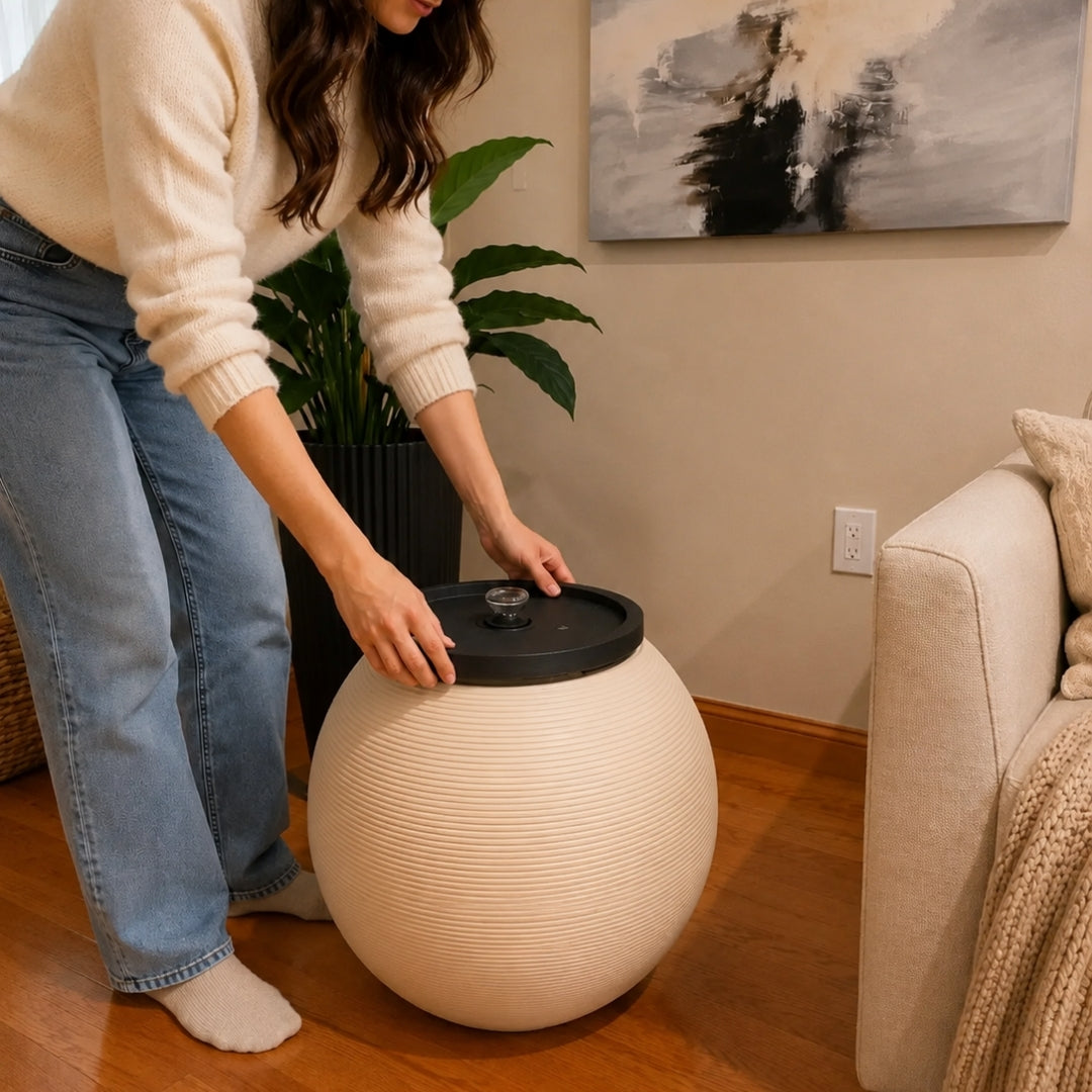 Sand Modern Sphere Water Jug Table with Black Wood Top &  Wireless Water Pump, Hidden Bottle Cover Fits All Bottles