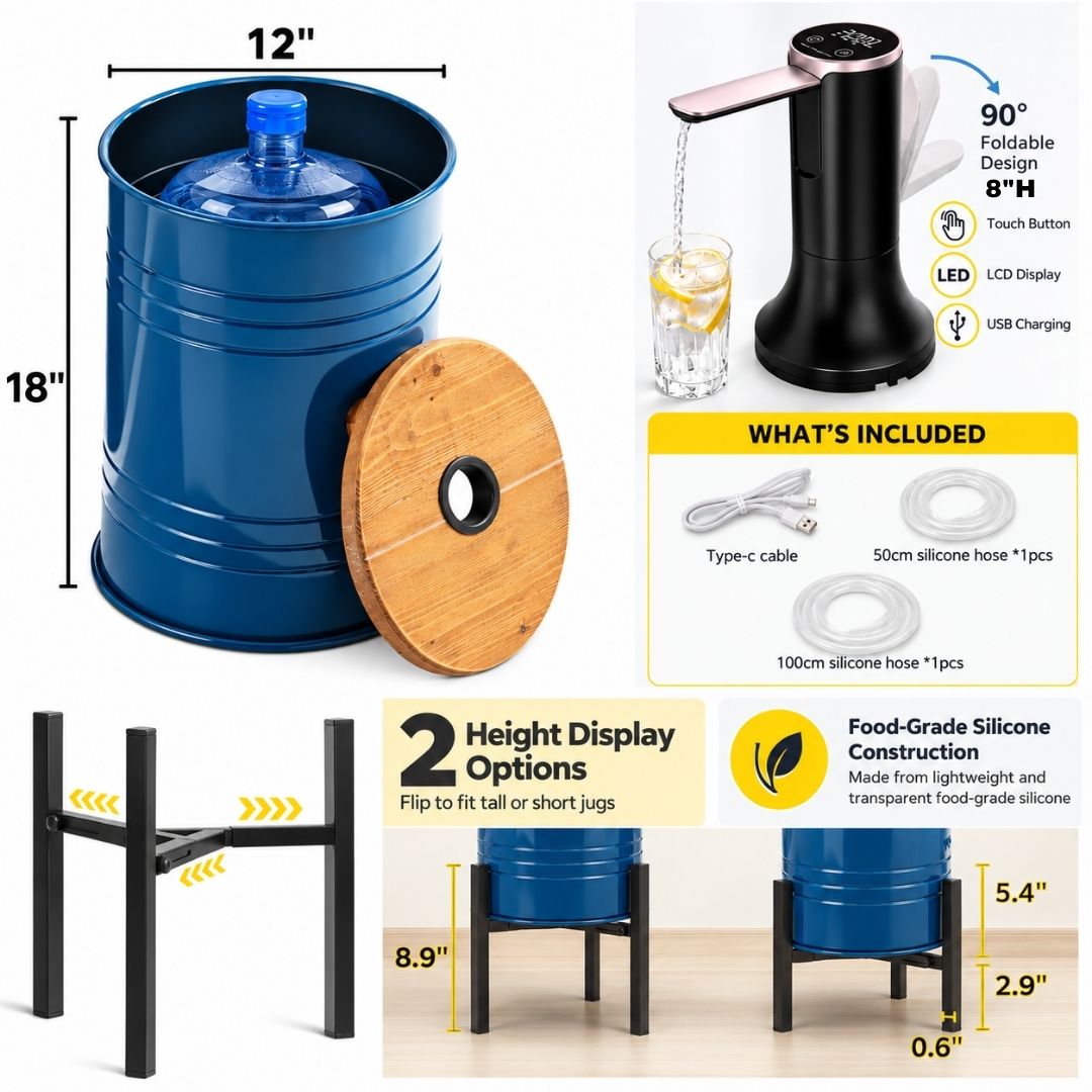 Definitely Not Vodka Printed 5-Gallon Hidden Water Jug Side Table with Wireless Dispenser Pump & Metal Stand - Blue