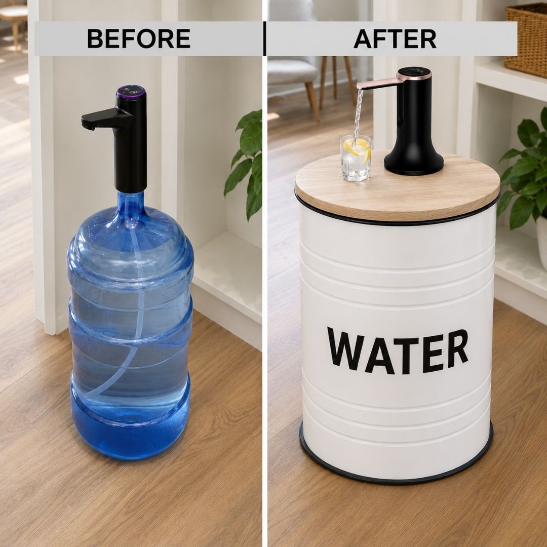 Water Labeled White Barrel Water Jug Side Table with Wireless Water Pump Dispenser - Fits All Bottles