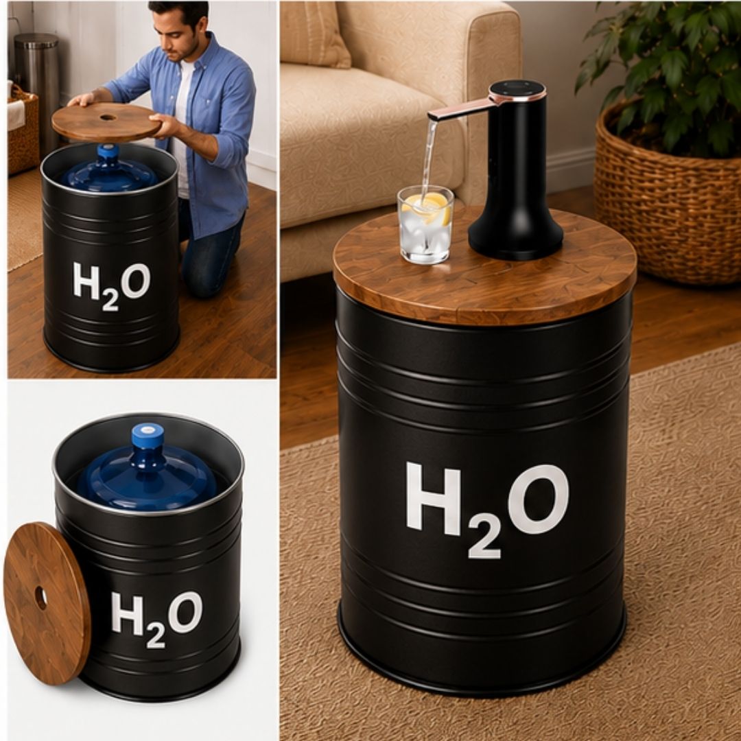 H₂O Black Metal Barrel Water Jug Side Table with Wireless Water Pump Dispenser - Fits All Bottles