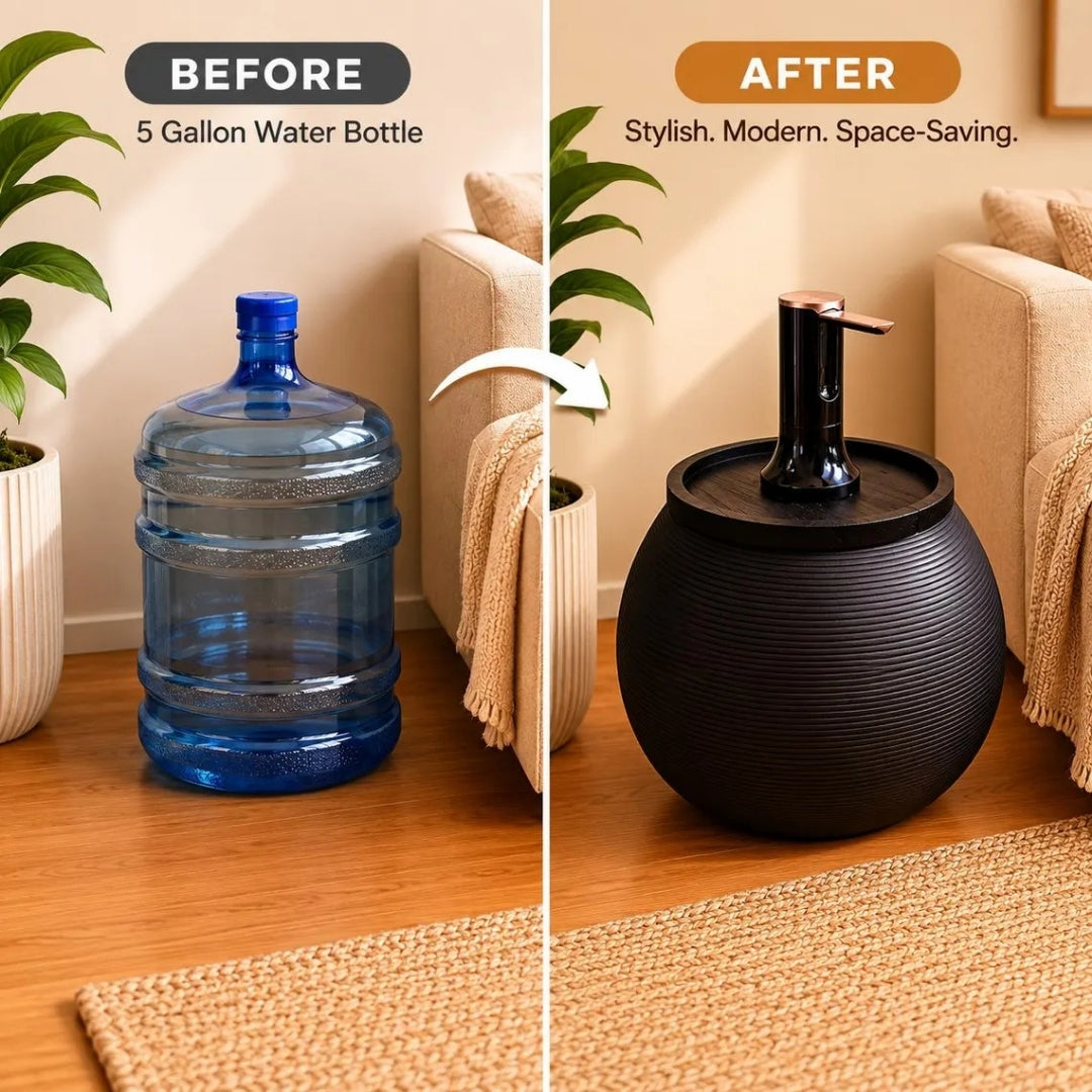 Anthracite Modern Sphere Water Jug Table with Black Wood Top & Wireless Water Pump, Hidden Bottle Cover, Fits Most Standard Water Bottles