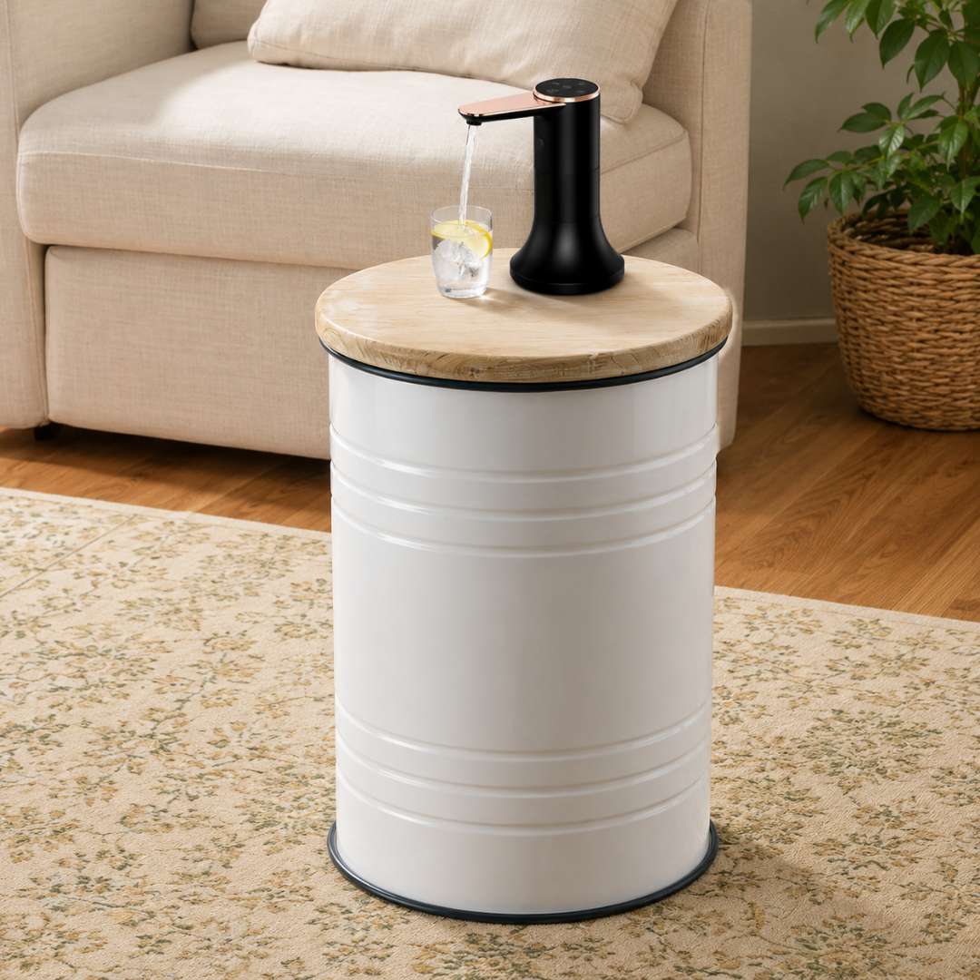 White Barrel Water Jug Side Table with Wireless Water Pump Dispenser - Fits All Bottles