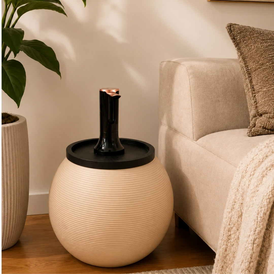 Sand Modern Sphere Water Jug Table with Black Wood Top &  Wireless Water Pump, Hidden Bottle Cover Fits All Bottles
