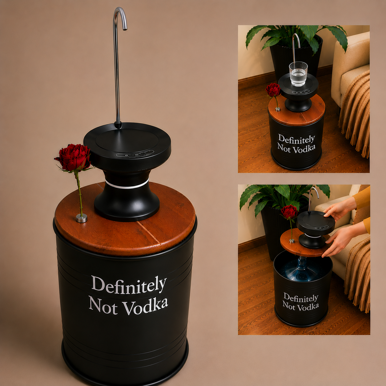Definitely Not Vodka Printed 5-Gallon Hidden Water Jug Side Table with Wireless Dispenser Pump & Floral Tube -Black