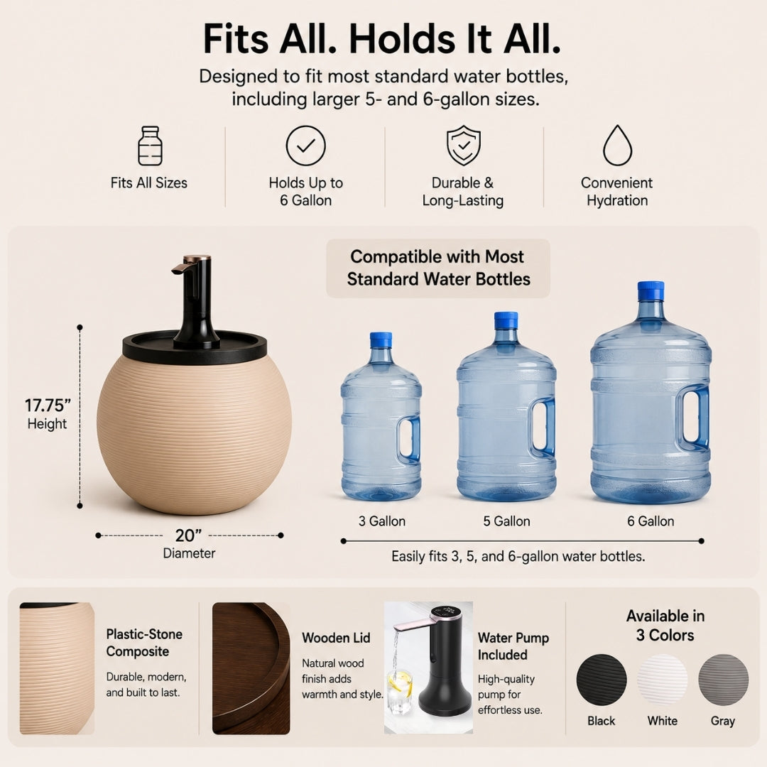 Sand Modern Sphere Water Jug Table with Black Wood Top &  Wireless Water Pump, Hidden Bottle Cover Fits All Bottles