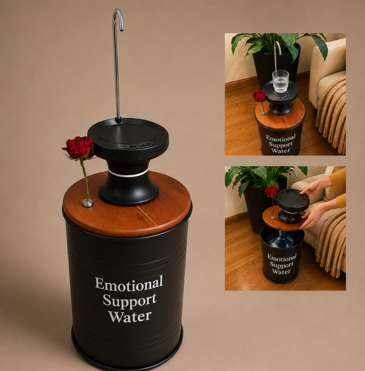 Emotional Support Water Printed 5-Gallon Hidden Water Jug Side Table with Wireless Dispenser Pump & Floral Tube –