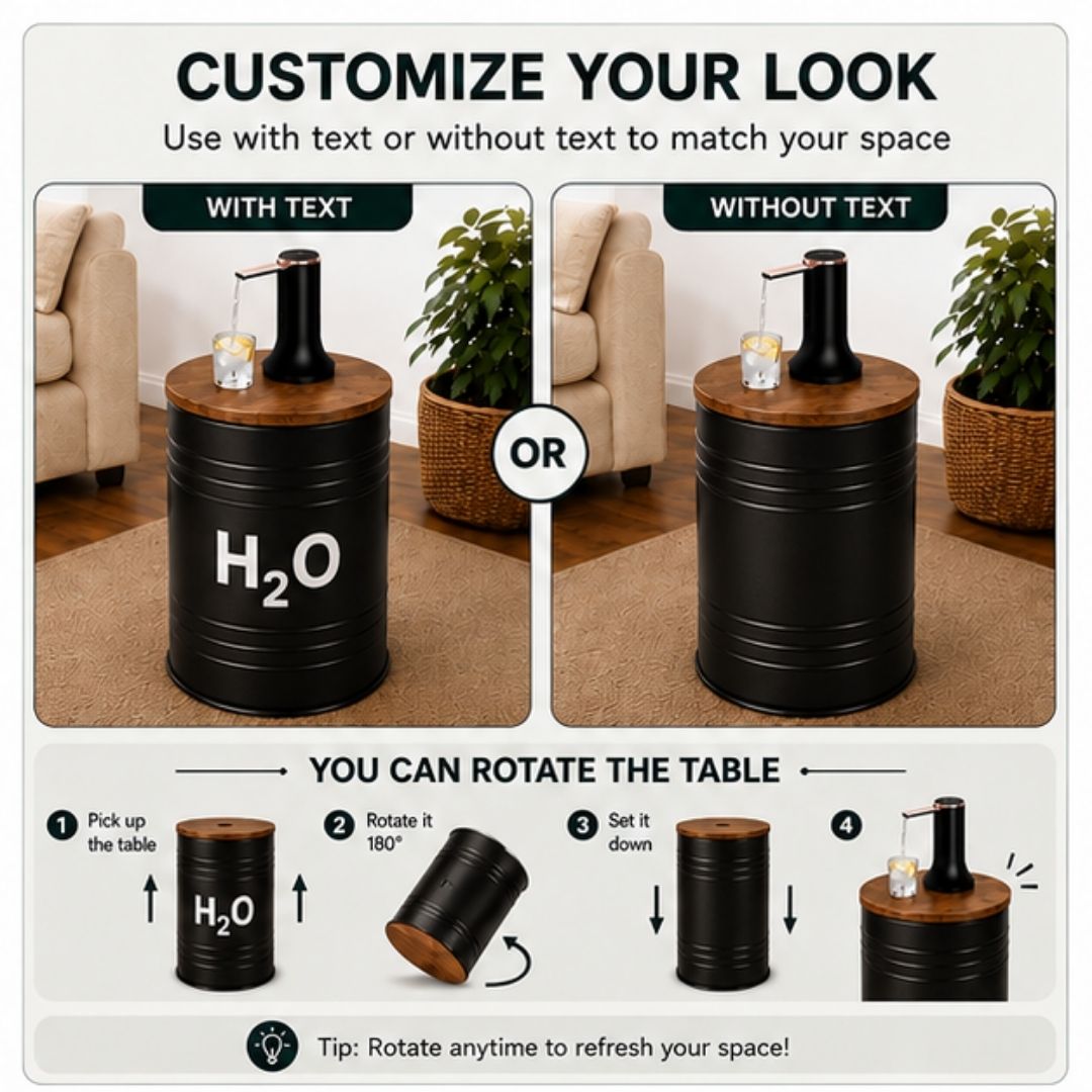 H₂O Black Metal Barrel Water Jug Side Table with Wireless Water Pump Dispenser - Fits All Bottles