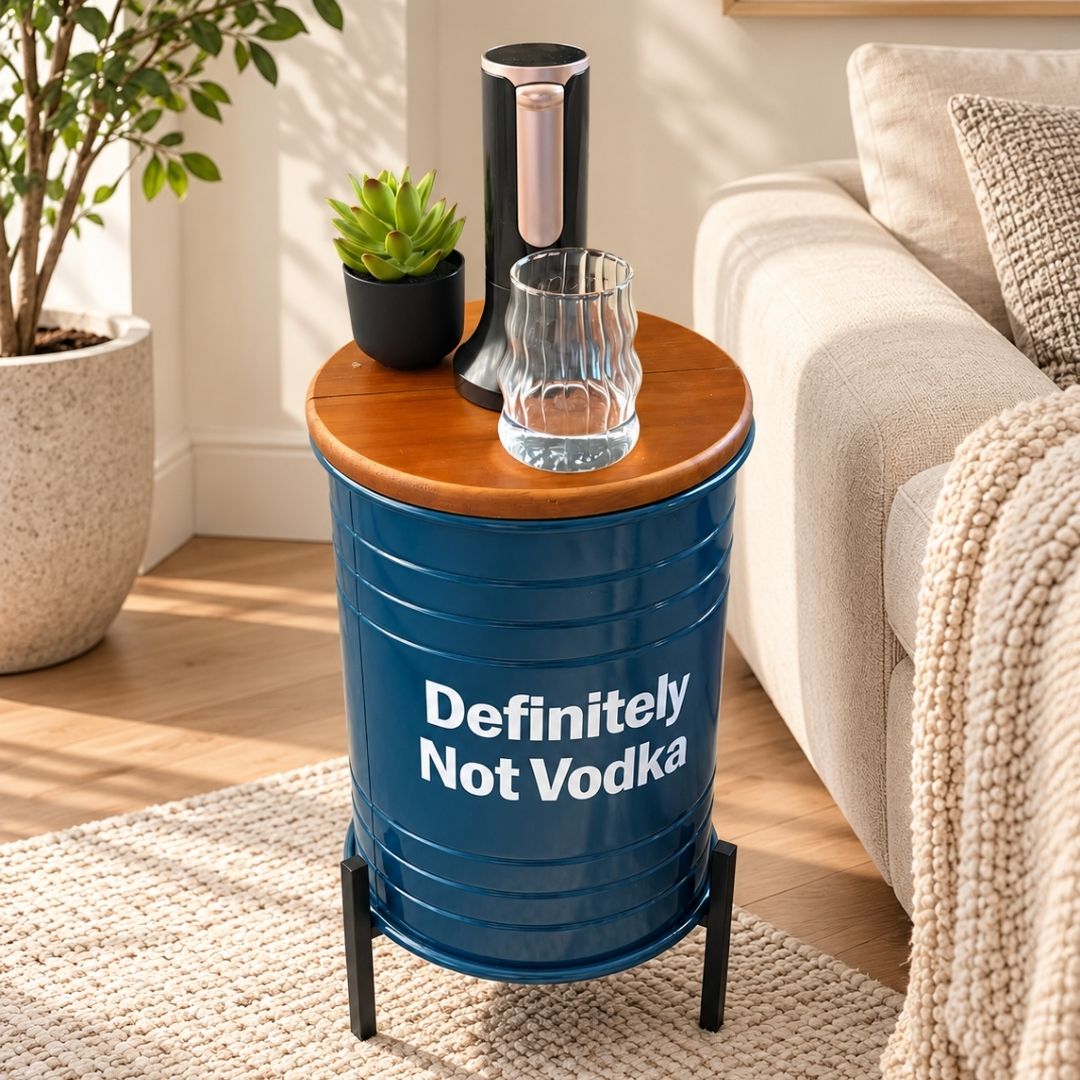 Definitely Not Vodka Printed 5-Gallon Hidden Water Jug Side Table with Wireless Dispenser Pump & Metal Stand - Blue