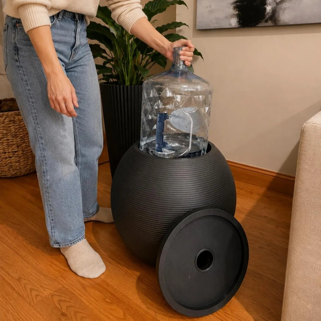Anthracite Modern Sphere Water Jug Table with Black Wood Top & Wireless Water Pump, Hidden Bottle Cover, Fits Most Standard Water Bottles