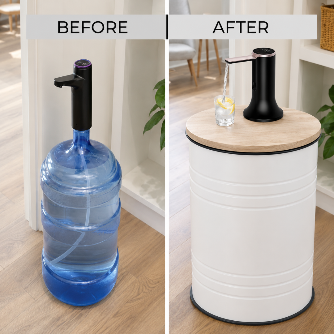 White Barrel Water Jug Side Table with Wireless Water Pump Dispenser - Fits All Bottles