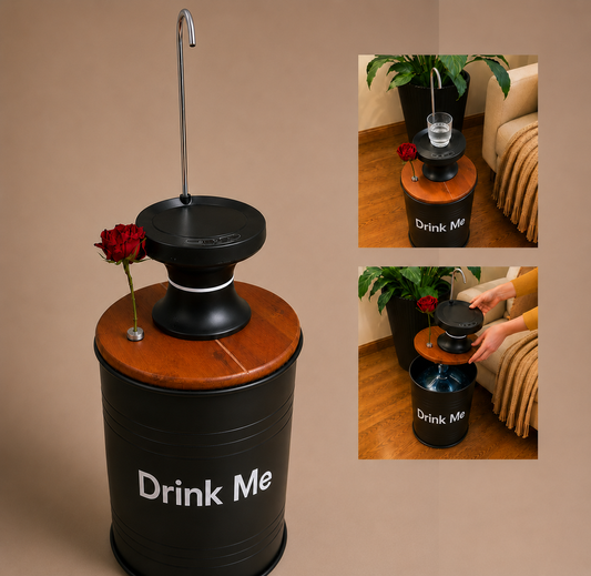 Drink Me Printed 5-Gallon Hidden Water Jug Side Table with Wireless Dispenser Pump & Floral Tube