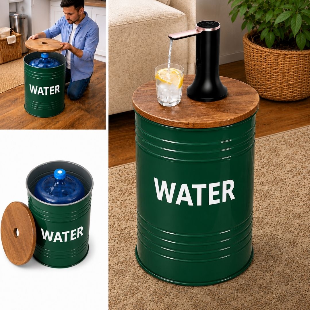 Green Metal Barrel Water Jug Side Table with Wireless Water Pump Dispenser - Fits All Bottles