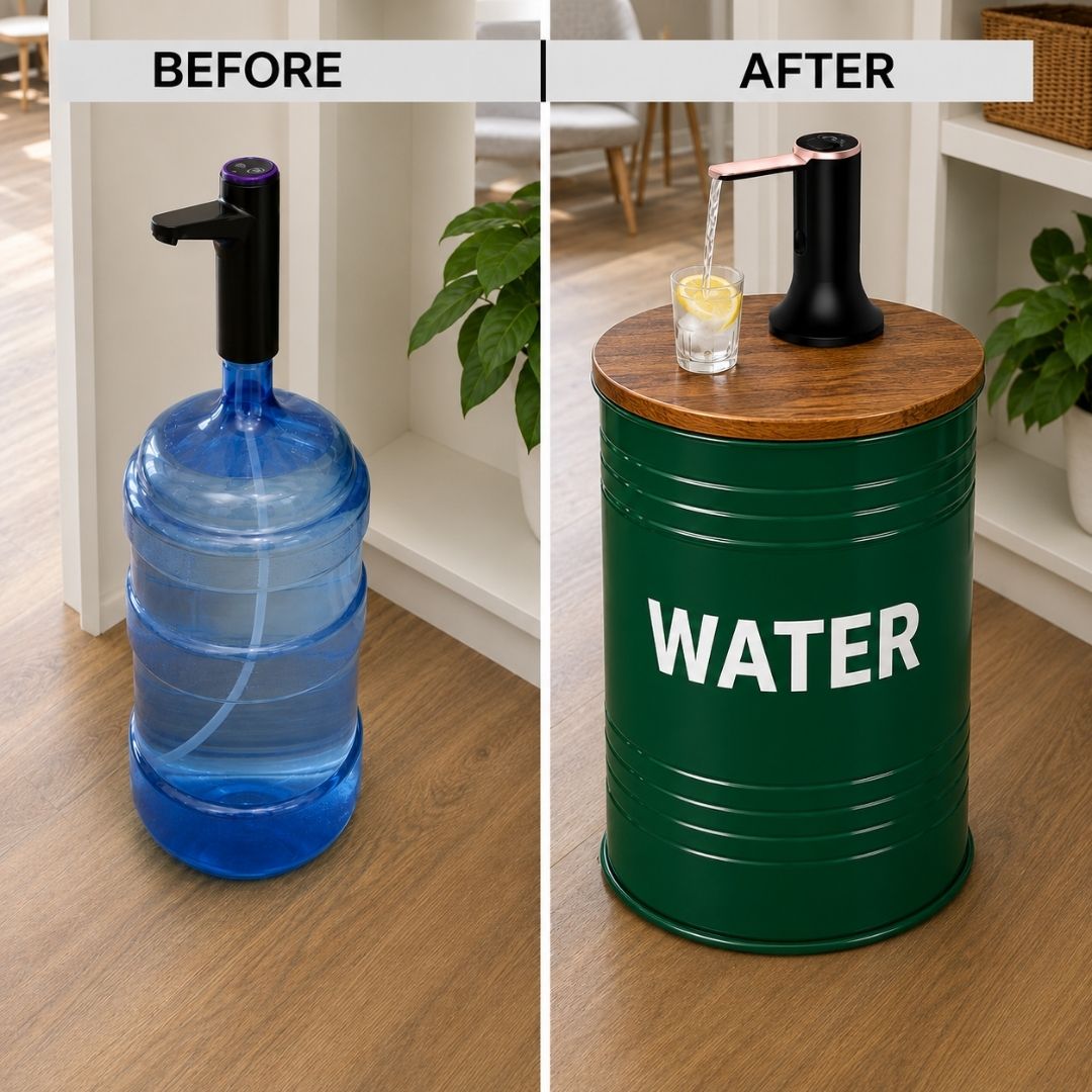 Green Metal Barrel Water Jug Side Table with Wireless Water Pump Dispenser - Fits All Bottles