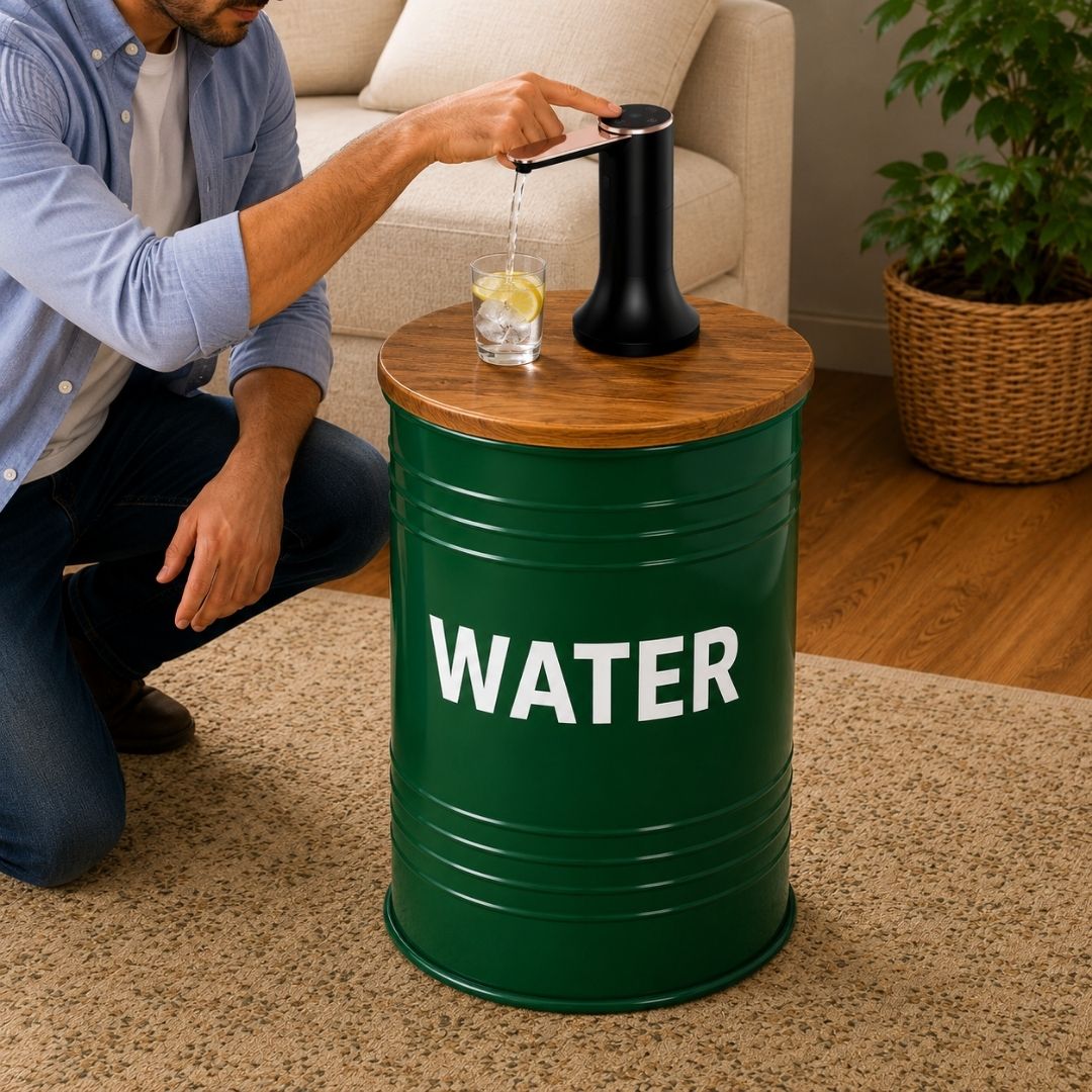 Green Metal Barrel Water Jug Side Table with Wireless Water Pump Dispenser - Fits All Bottles