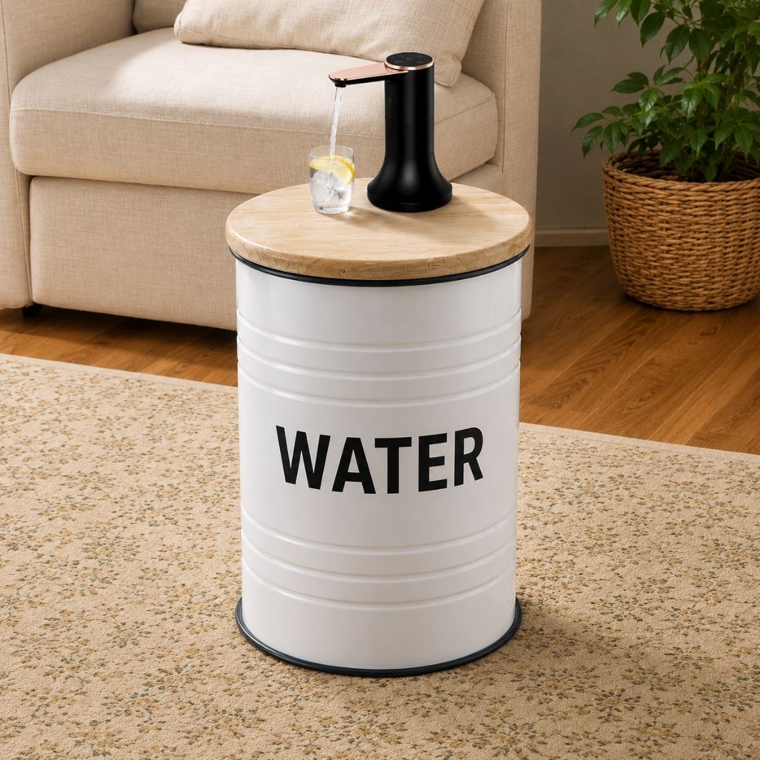 Water Labeled White Barrel Water Jug Side Table with Wireless Water Pump Dispenser - Fits All Bottles